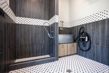 a bathroom with a black and white tile floor